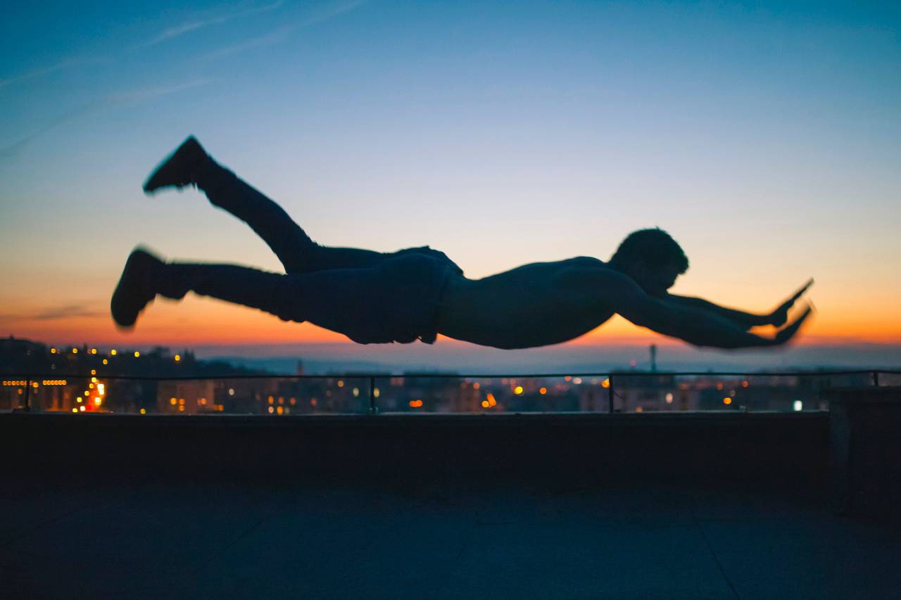 gente, hombre, salto, silueta, sombra, puesta de sol, nubes, cielo,