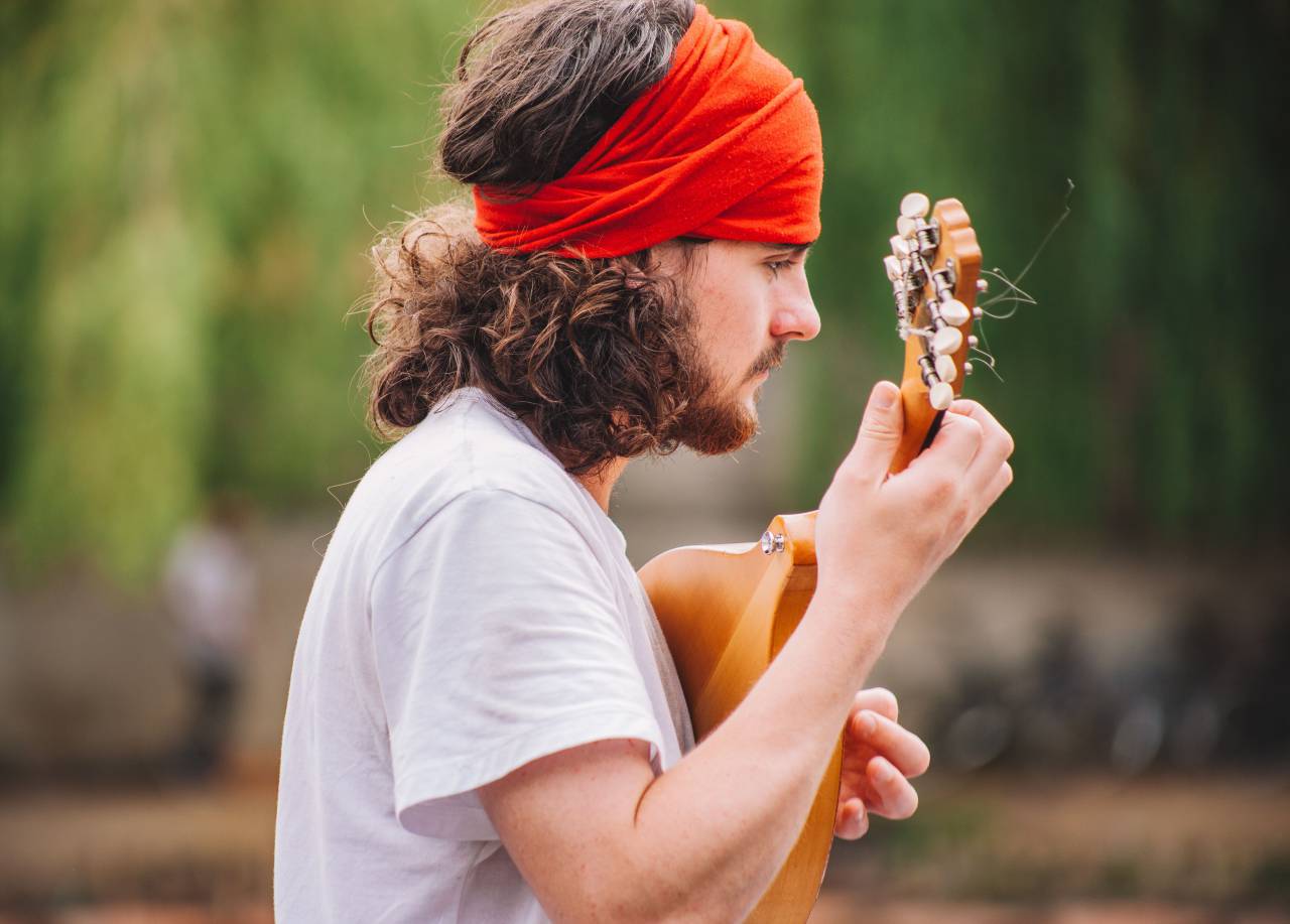 Gente, hombre, macho, jugando, guitarra, músico, musical, instrumento, al aire libre,