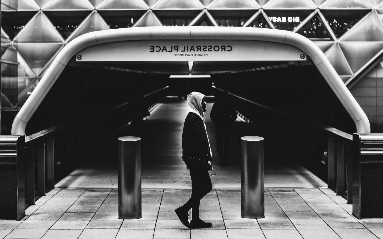 people, walking, alone, man, male, guy, city, black and white, tunnel
, 