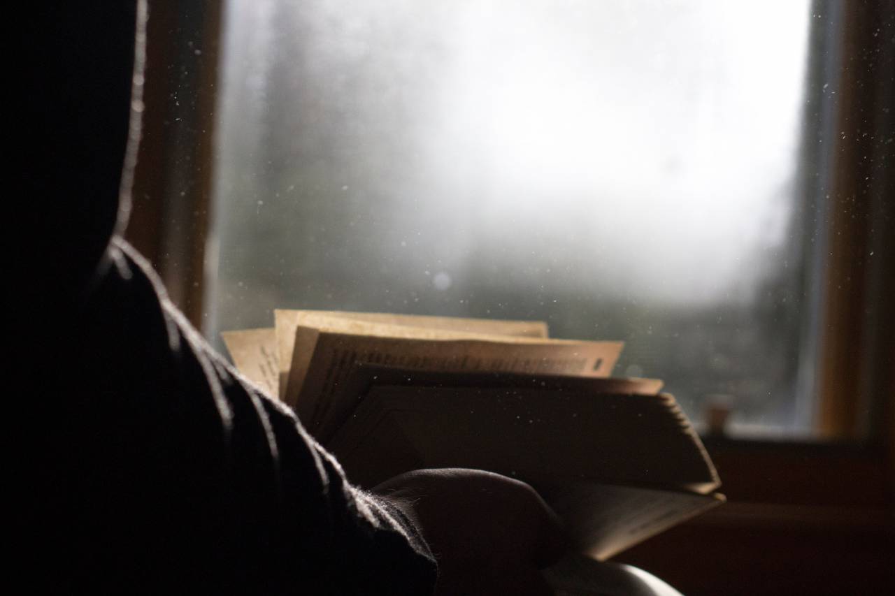 Lectura, libro, ventana, vidrio, difuminar,