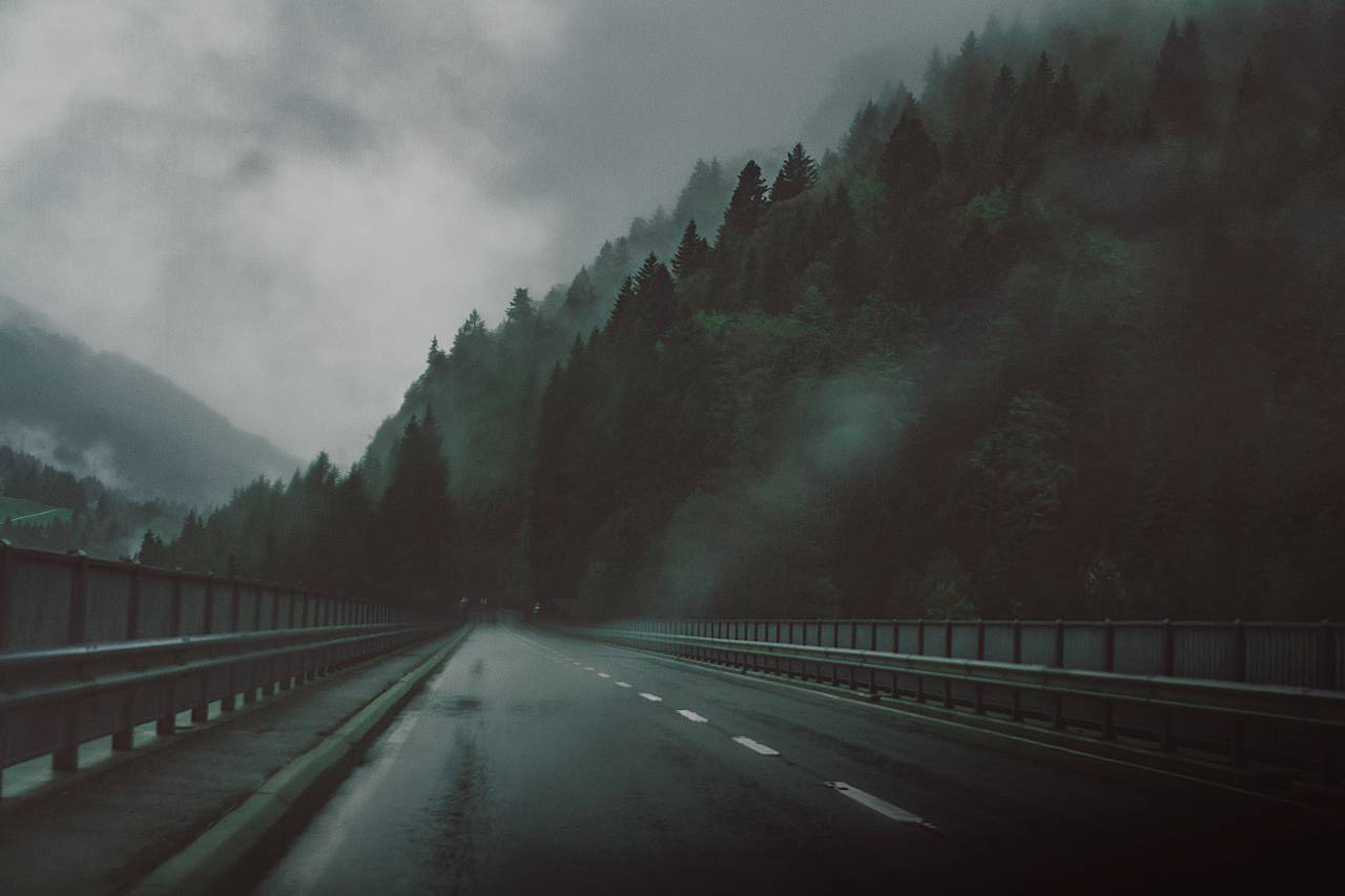 road, highway, bridge, fog, cold, travel, night, drive, pavement, interstate, border, storm
, 