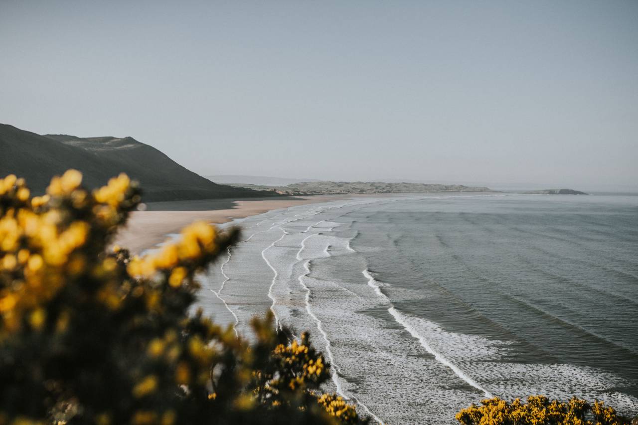 sea, ocean, blue, water, waves, nature, beach, coast, sand, shore, highland, yellow, trees, mountain, landscape, sky
, 