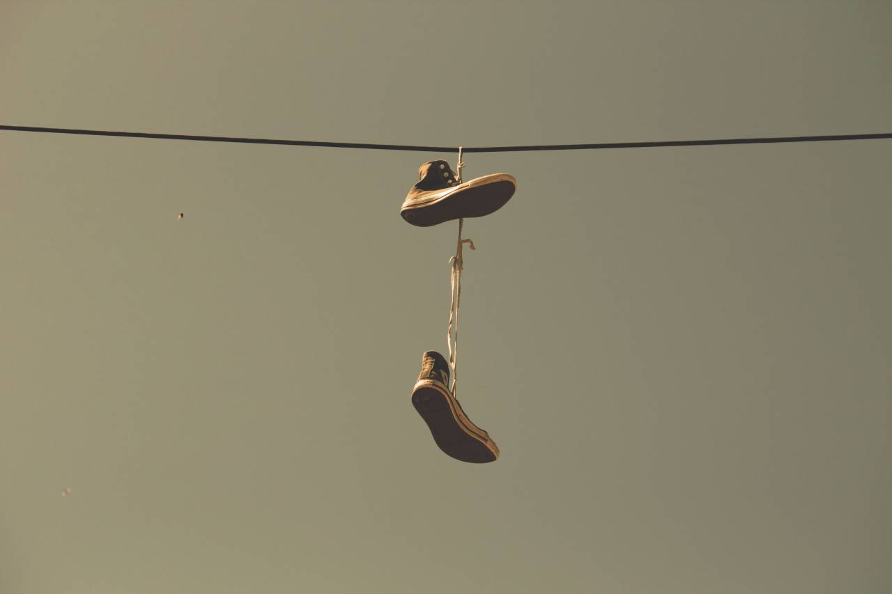 shoes, laces, power lines, city, sky
, 