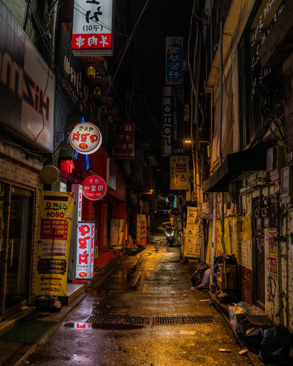 calle, neón, cyberpunk, corea, asia, seúl, ciber, callejón, oscuro, miedo, centro de la ciudad, ciudad, urbano, edificios, letreros, luces, lluvia,
