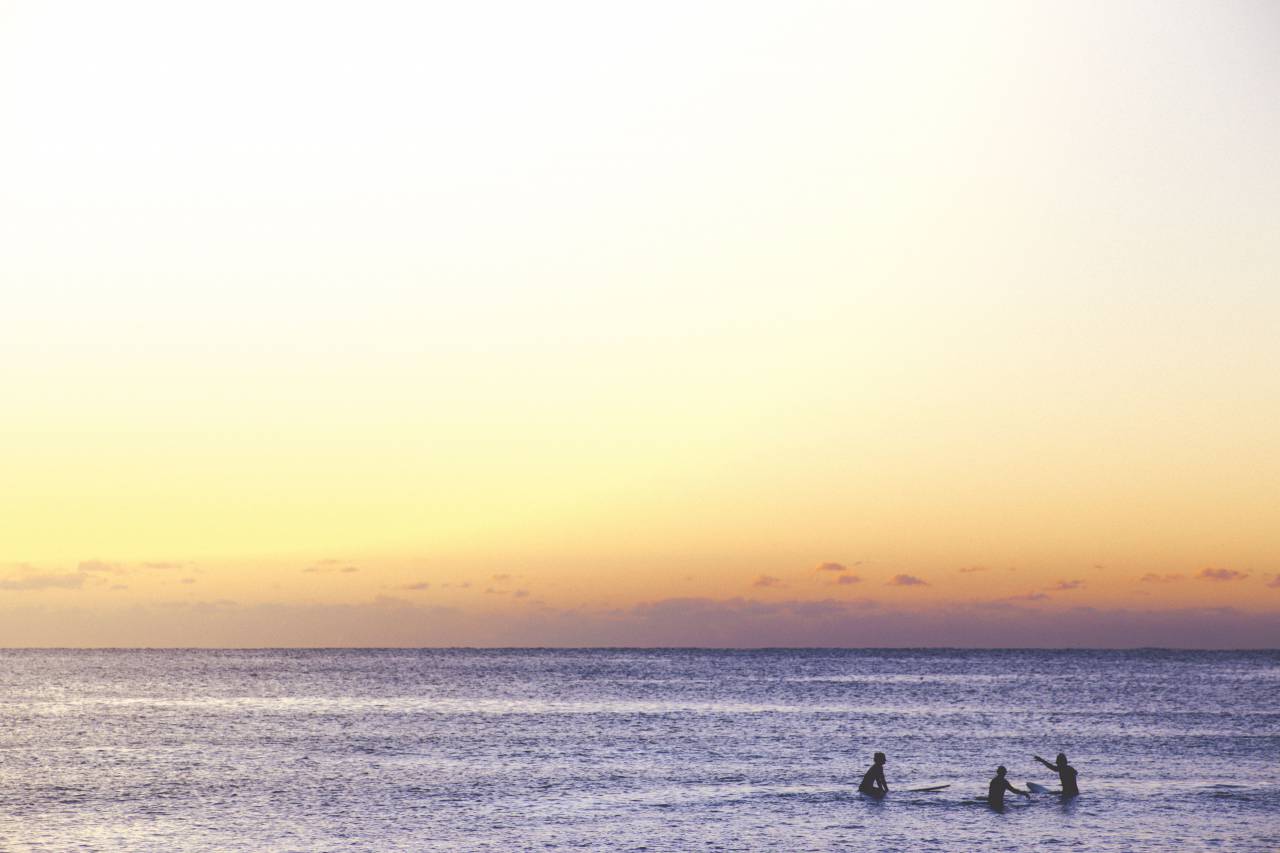 sunset, dusk, sky, ocean, sea, water, beach, horizon, landscape, nature, people, surfers, surfing, silhouette, shadows
, 