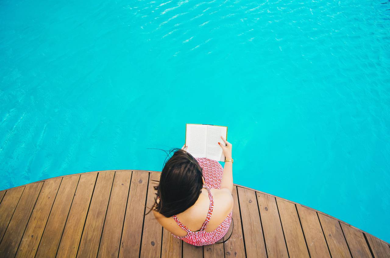swimming, pool, blue, water, wooden, people, girl, woman, reading, book, relax, travel, vacation
, 