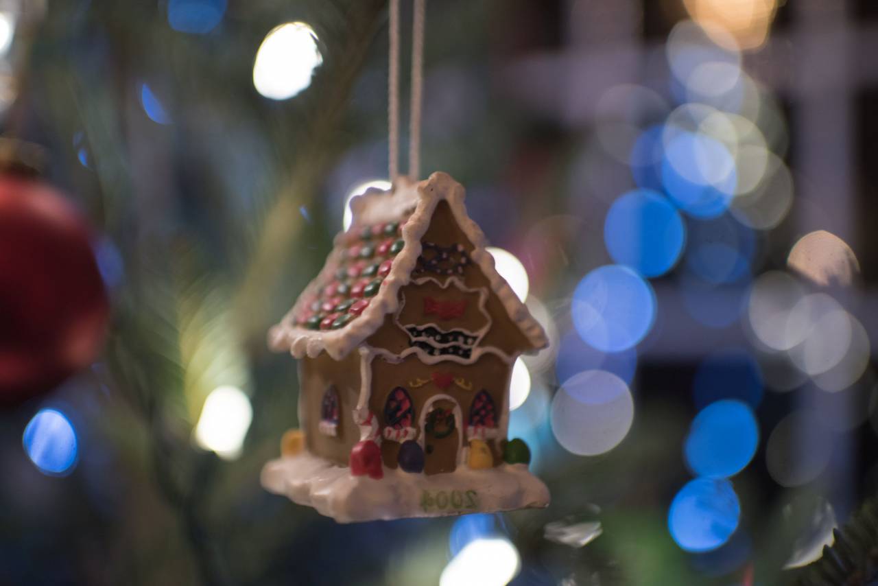 Juguete, casa, Navidad, árbol, luces, bokeh, vacaciones,