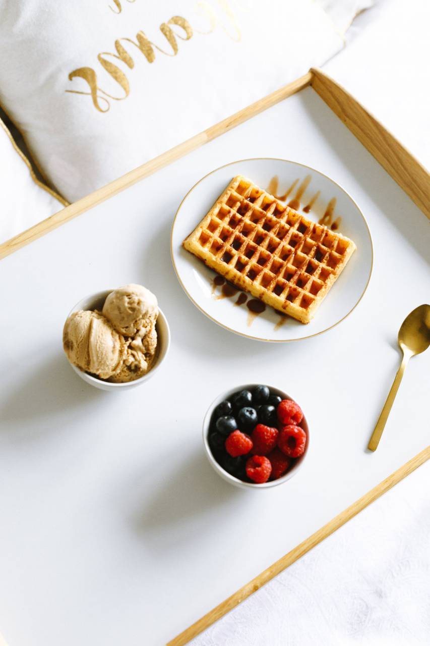 Gofres, desayuno, bayas, superior, vista, comida, delicioso, jarabe, arándanos, fresco, fruta, Bélgica, plato, cuchara, frambuesa, plano, helado, crema,
