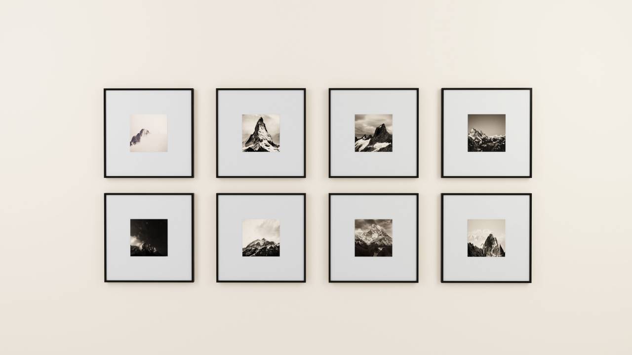 Pared, marco de imagen, pantalla, interior, diseño, decoración, en blanco y negro, galería, imagen, interior, ilustración, pinturas,