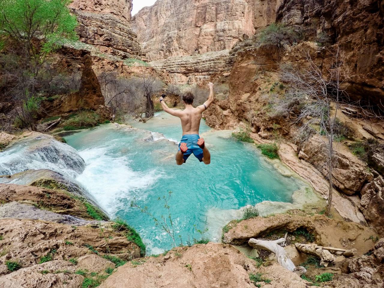 waterfalls, green, grass, moss, rocks, hill, trees, rocks, water, stream, blue, water, people, man, guy, adventure, travel, swimming
, 