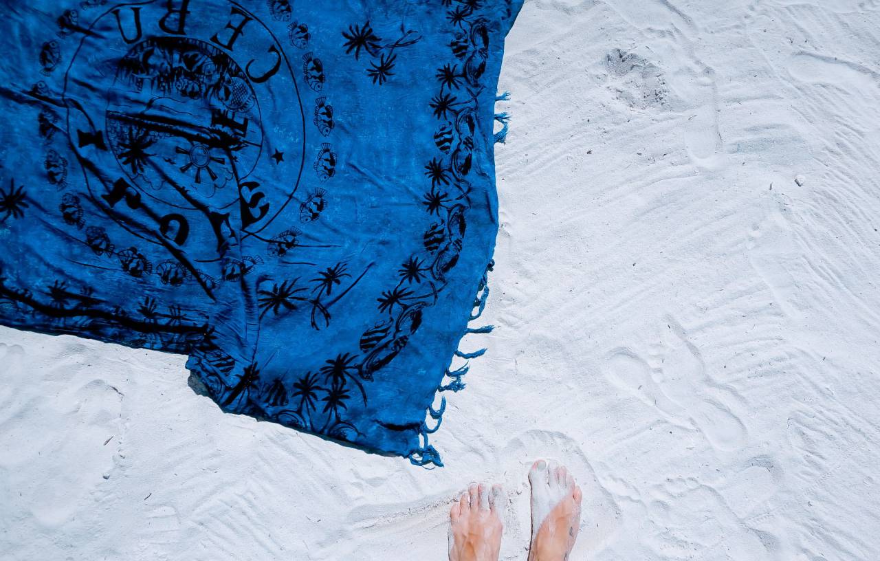 white, sand, beach, blue, shawl, picnic, summer, outdoor, vacation, travel, foot
, 