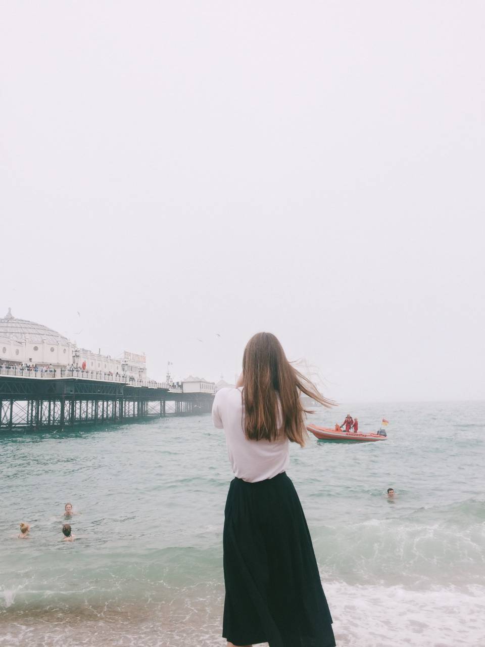 woman, model, beach, cloudy, swim, pier, black, skirt, white, long hair, people, boat
, 