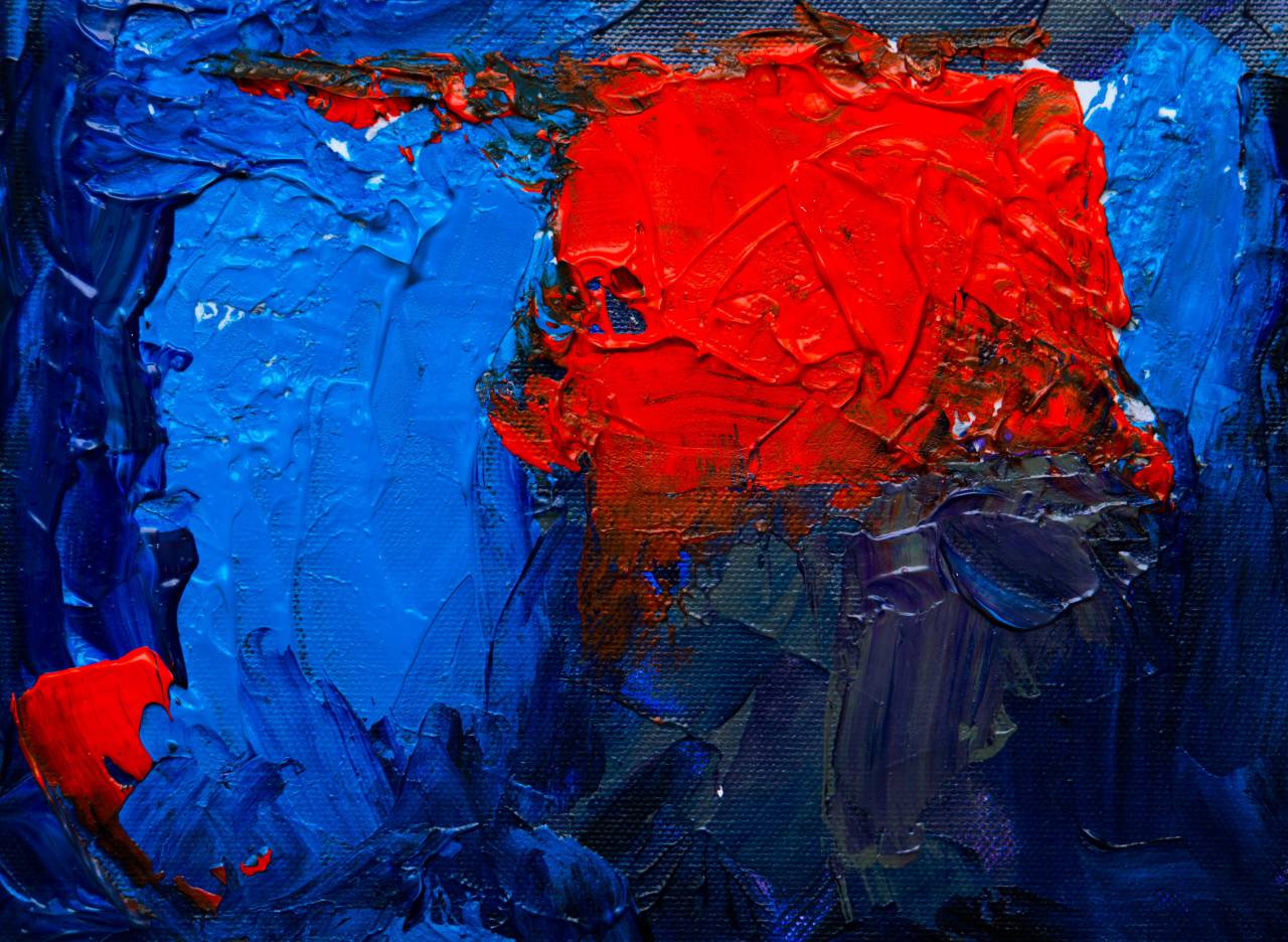Resumen, pintura, de cerca, arte, creativo, lienzo, cepillo, pincelada, fondo, papel tapiz, diseño, textura, azul, rojo,