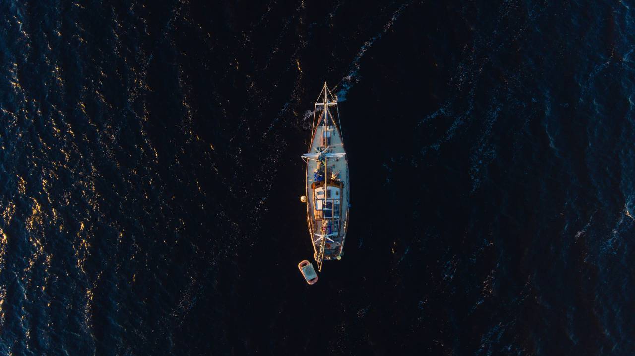 aéreo, vista, oscuro, agua, transporte, océano, mar, vela, barco,