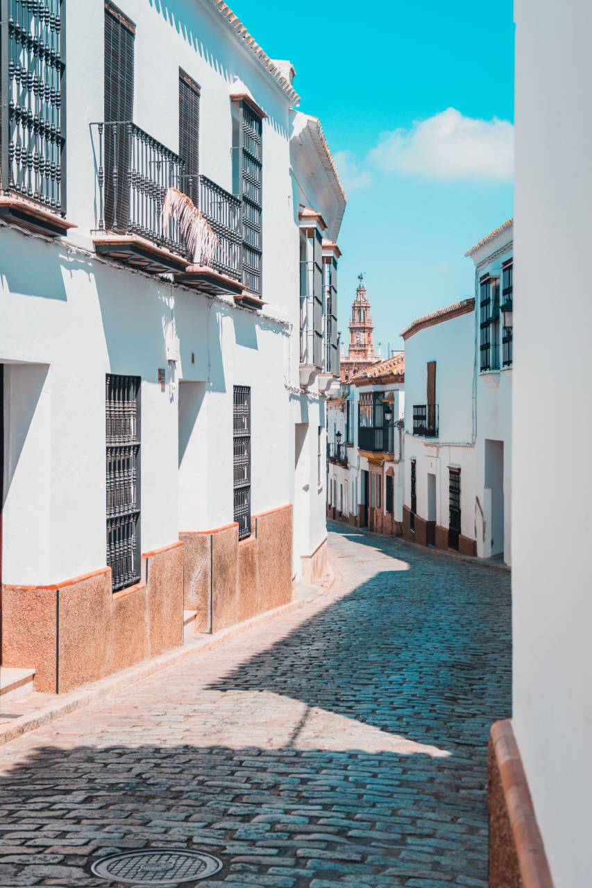 Arquitectura, edificio, infraestructura, azul, cielo, casas, pueblo, calle, callejón, soleado, día,
