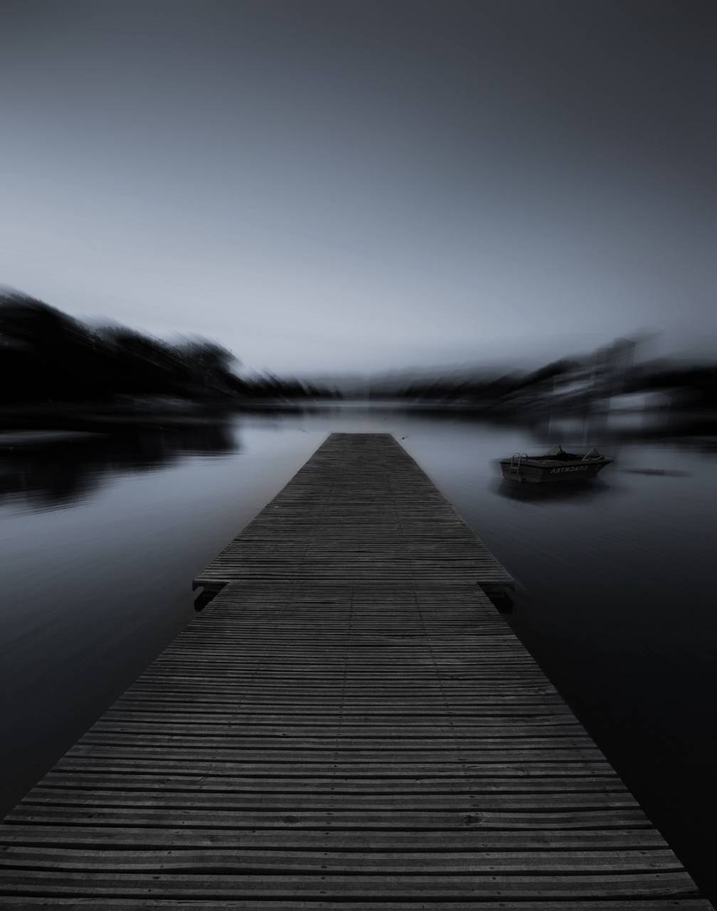 black and white, bridge, pathway, blur, sky, horizon, boat
, 