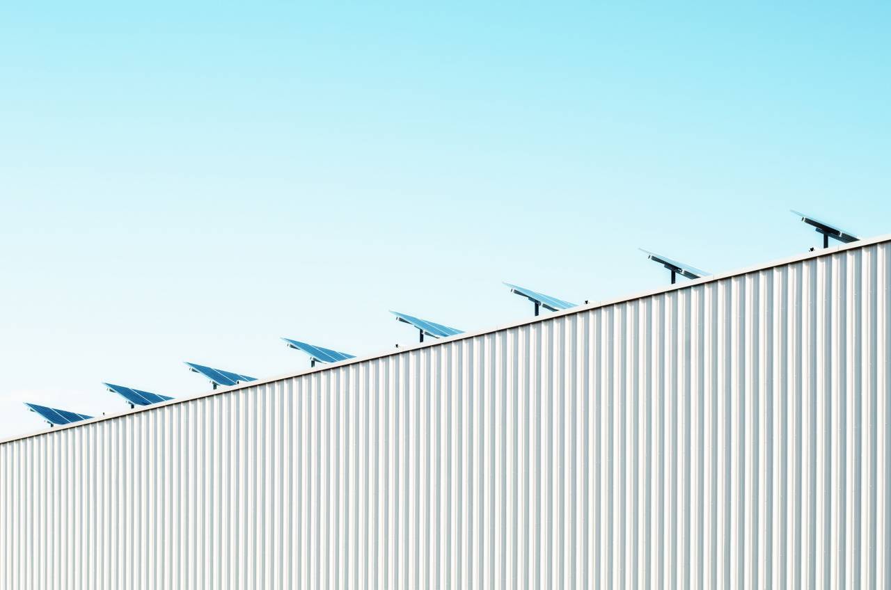 Azul, cielo, sol, paneles solares, industrial, edificio, arquitectura,