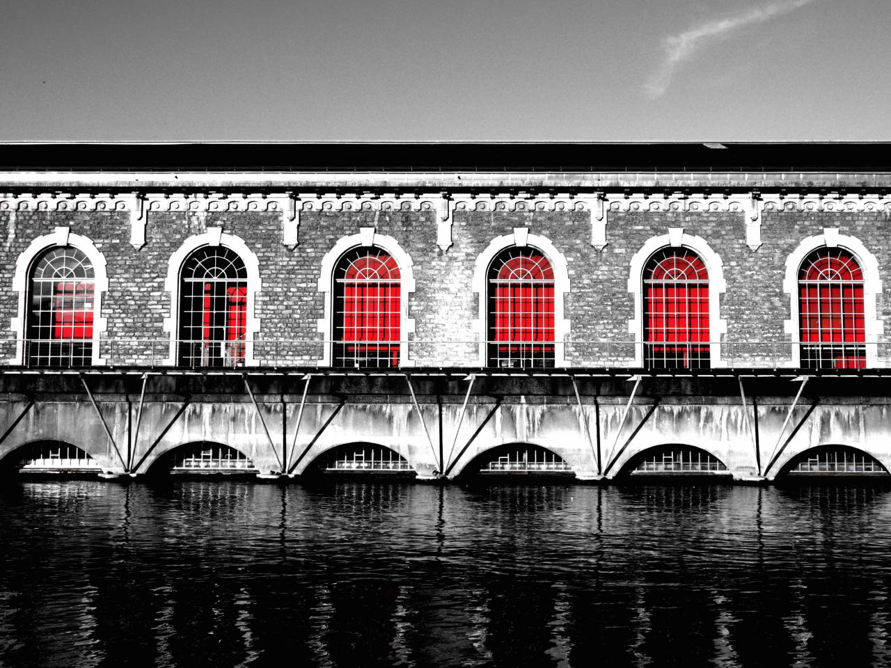 building, bridge, architecture, windows, bricks, water, black and white
, 