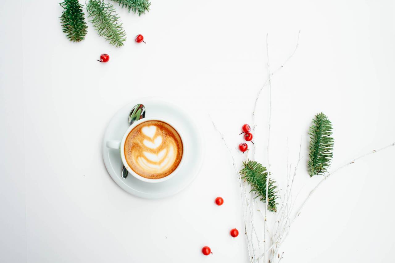 coffee, bean, seed, brown, cafe, hot, mug, cup, art, design, plate, teaspoon, cherry, red, leaves, green, white
, 