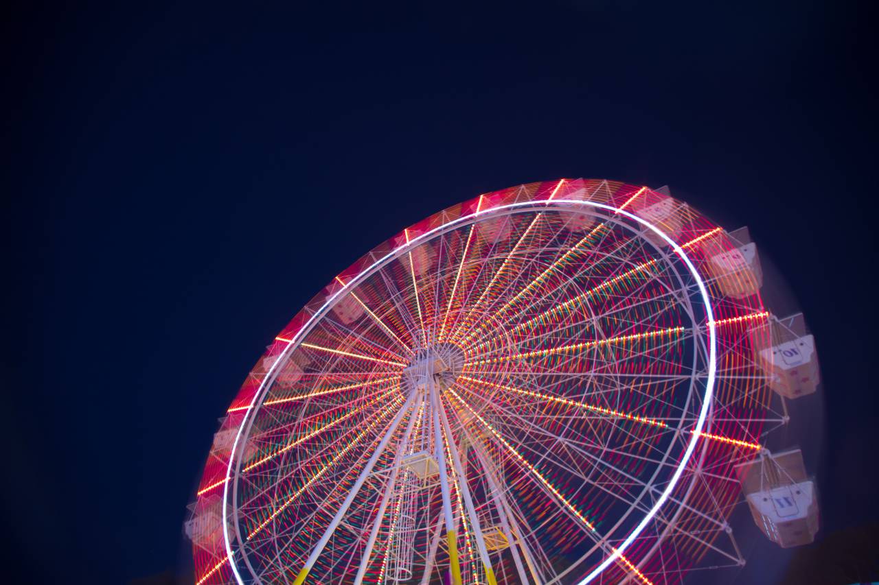 oscuro, cielo, noche, feria, diversión, parque, paseo, rueda, acero,