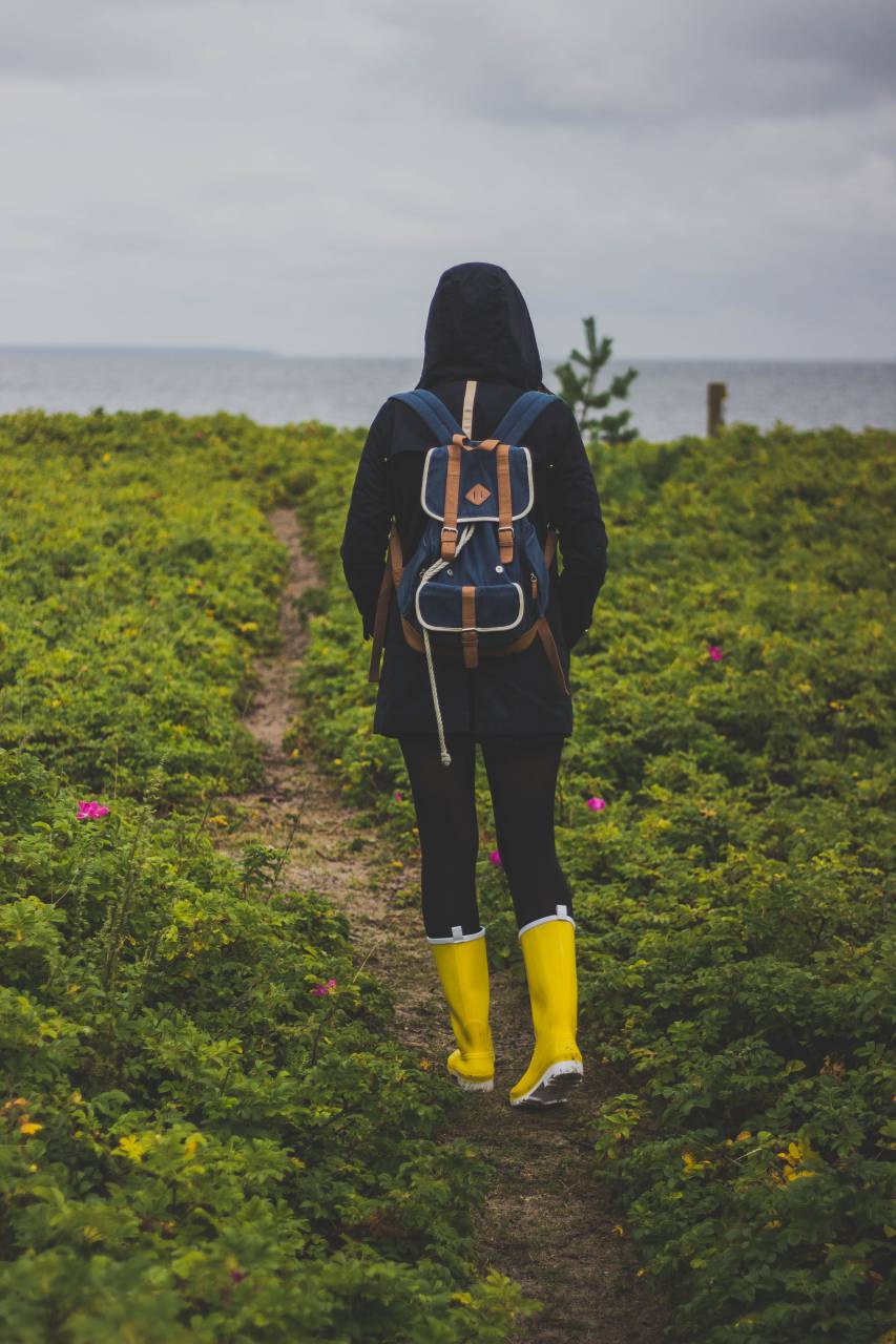 verde, césped, camino, al aire libre, campo, gente, para caminar, niña, mujer, naturaleza, viajar, aventuras, espalda, sudadera con capucha, chaqueta, amarillo, botas, bolsa, mar, océano, agua, cielo, nube, horizonte,
