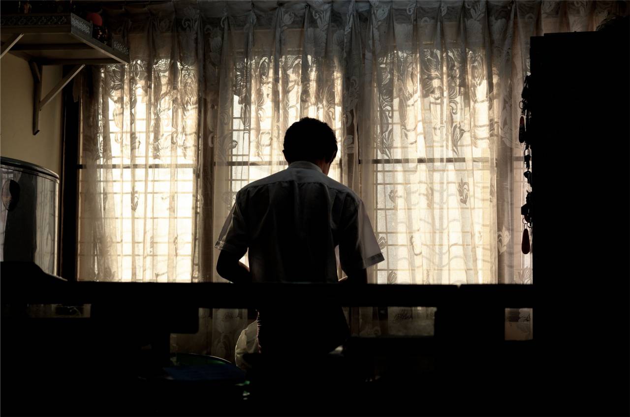 guy, man, dark, room, curtains, drapes, people
, 