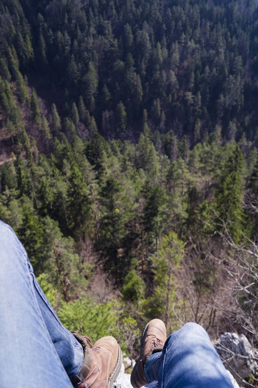 guy, man, male, people, feet, legs, shoes, boots, pants, nature, landscape, mountains, rocks, trees, branches, twigs, trek, hike, climb
, 
