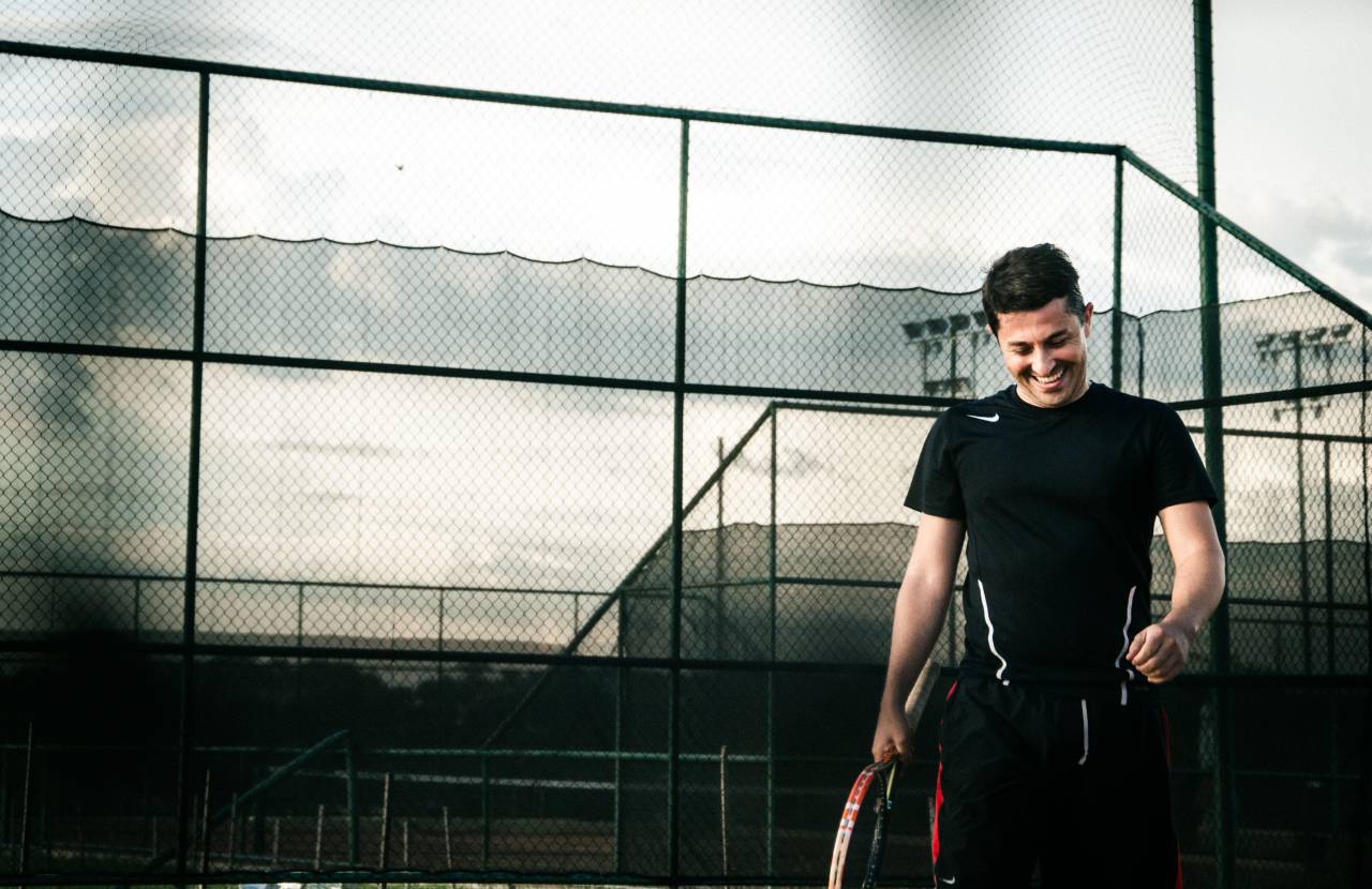 man, guy, athlete, tennis, sport, smile, happy, net, racket, clouds, sky, field
, 