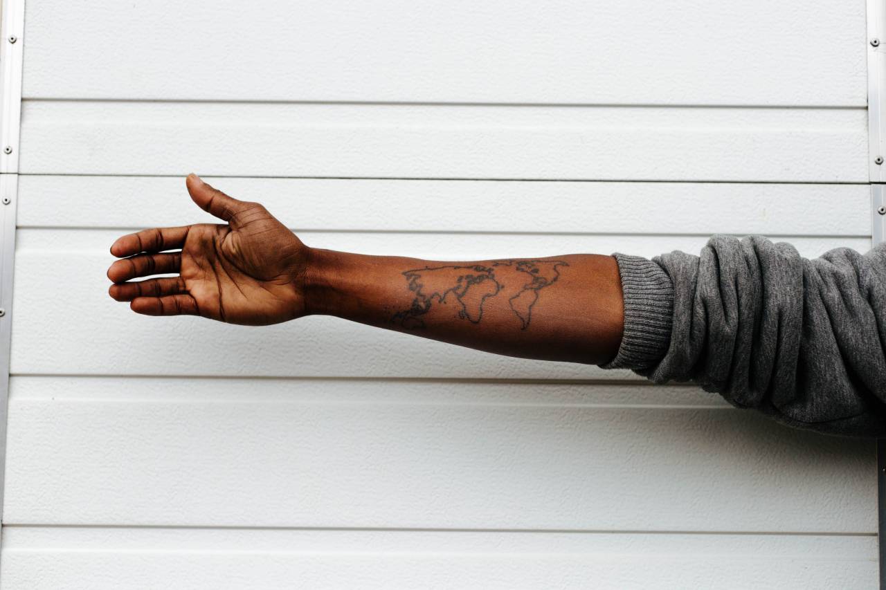 map, tattoo, hand, art, sweatshirt, wall, white, design, skin, black, african american, people, guy, man
, 
