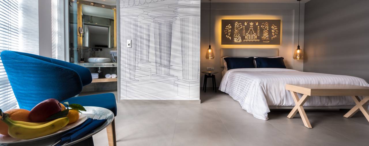moderno, apartamento, dormitorio, cama, silla, azul, blanco, boceto, diseño de interiores, diseño, espejo,