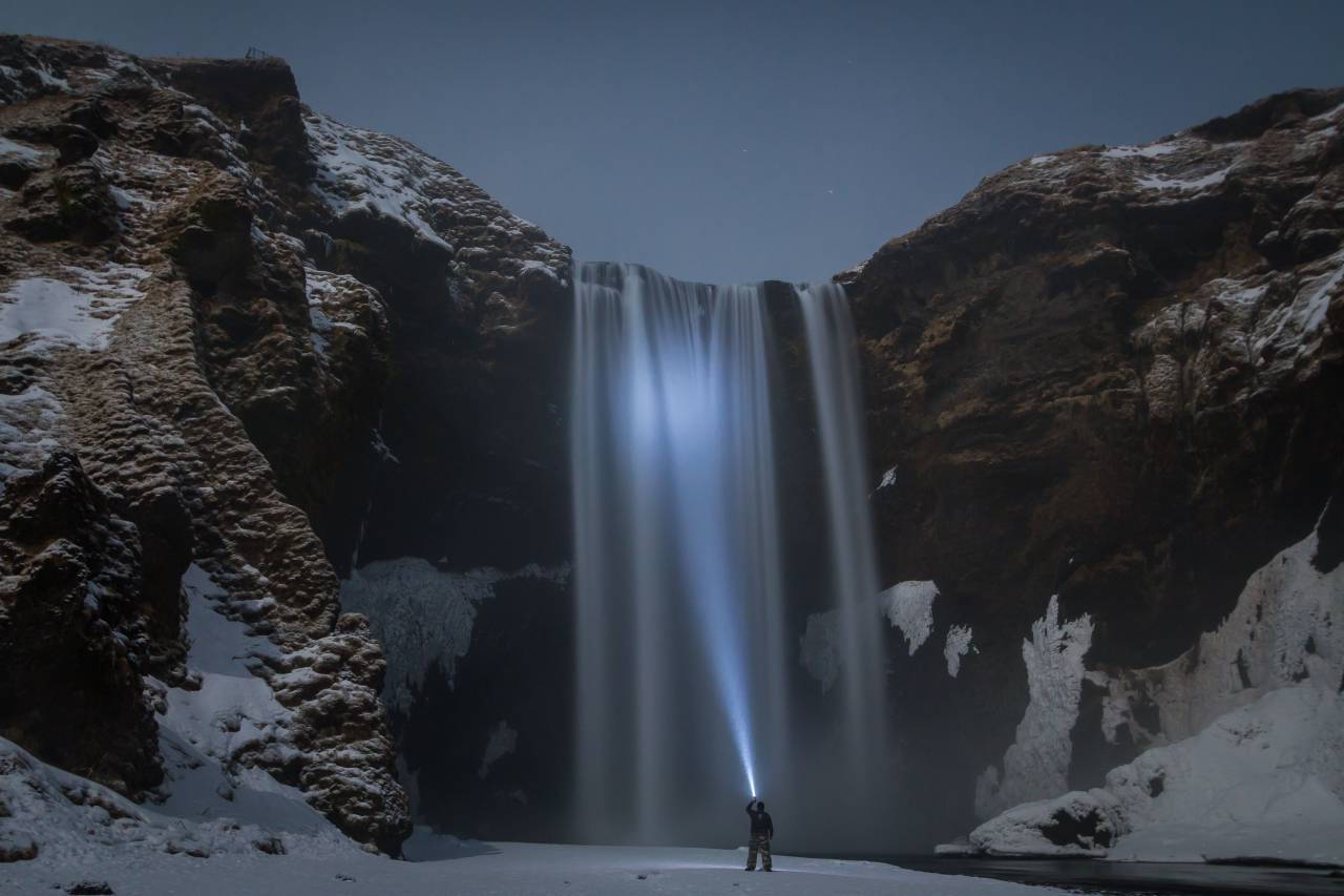mountain, highland, sky, hill, cliff, waterfalls, people, man, flashlight
, 