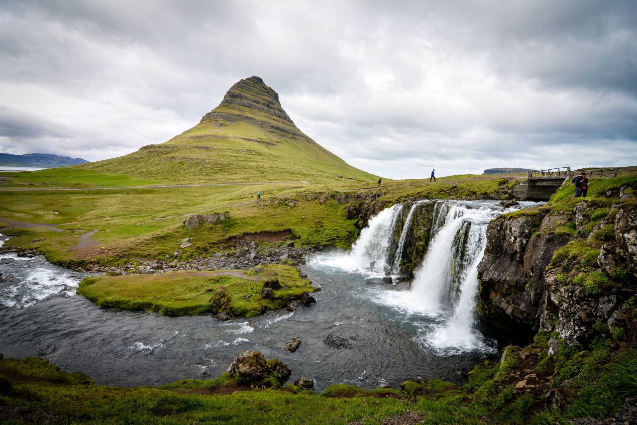 nature, landscape, mountains, cliff, water, waterfalls, stream, lake, river lush, vegetation, grass, rocks, sky, clouds, horizon, people
, 