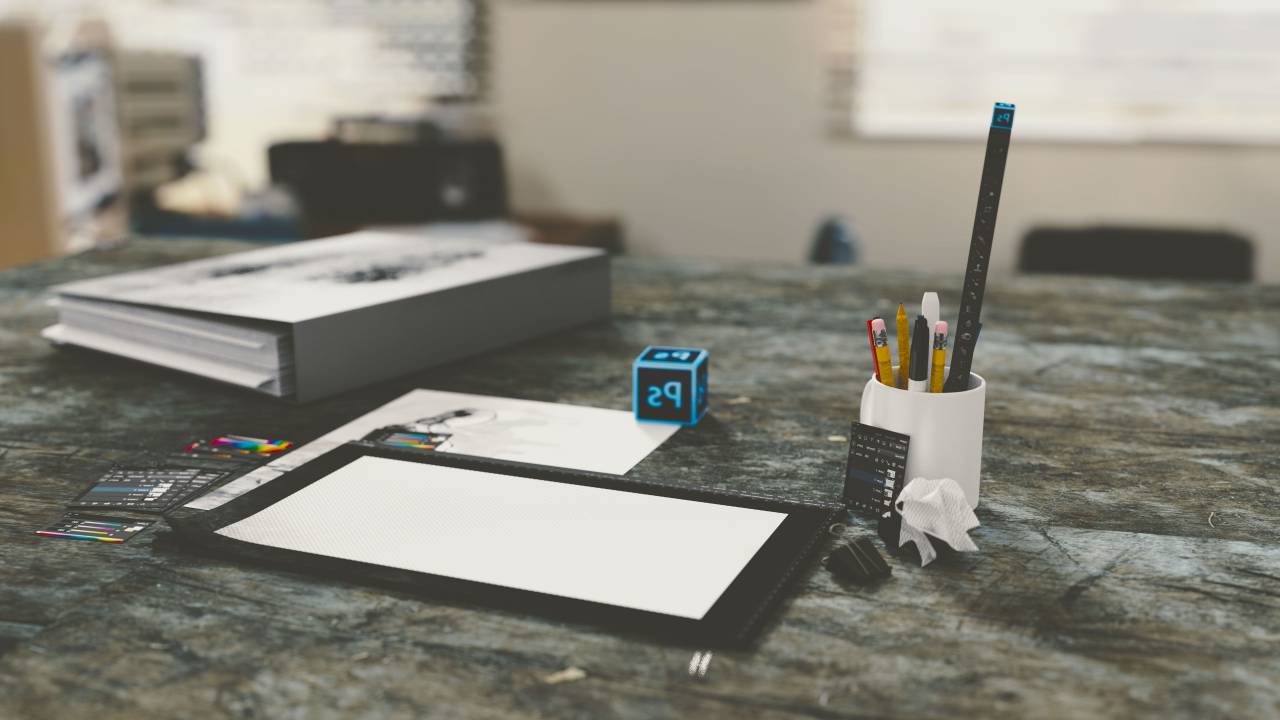 oficina, trabajo, negocio, espacio de trabajo, mesa, escritorio, artilugios, tecnología, tableta, computadora, titular, bolígrafos, lápices, recortes, simulacro, muestras, clips, diario, cuaderno, portafolio, cubo, Photoshop, todavía, Bokeh,