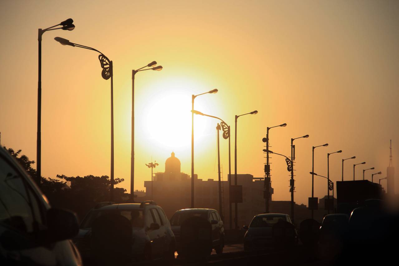 orange, sky, moon, light, car, vehicle, road, street, traffic, pole, lamp, city, silhouette
, 
