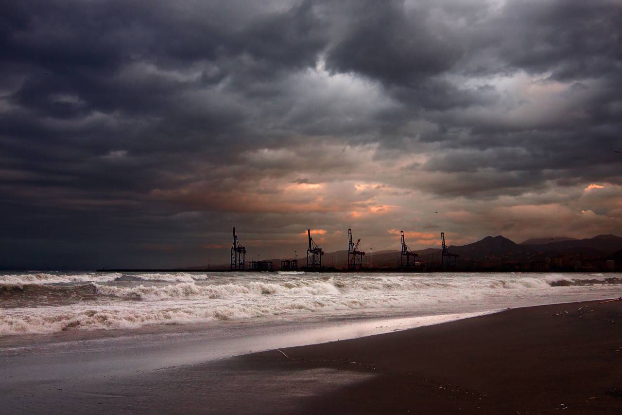 sea, ocean, water, wave, nature, horizon, sky, clouds, sunset, coast, shore, beach, dark
, 