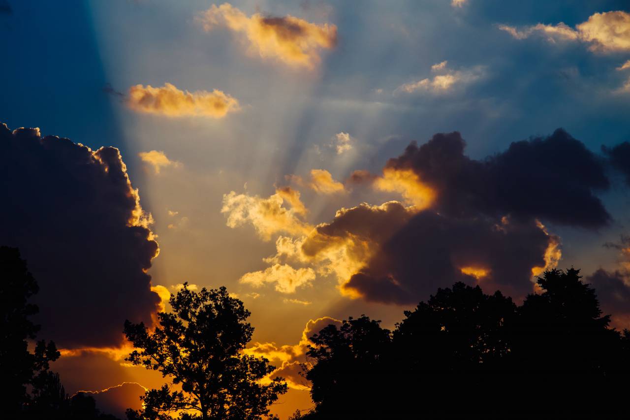 sun rays, sunset, dusk, clouds, sky, silhouette, shadow, nature, trees
, 