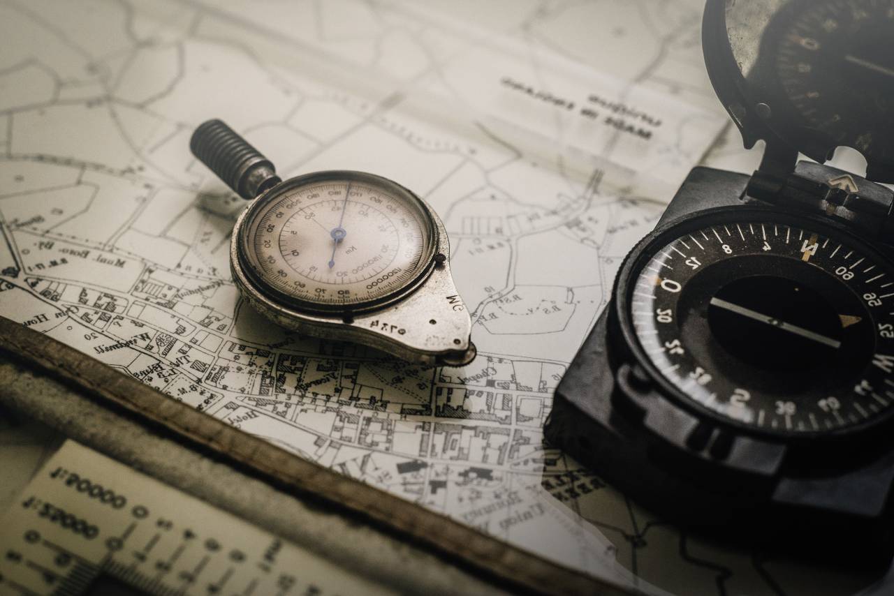 Vintage, brújula, mapa, dirección, topografía, geografía, regla,