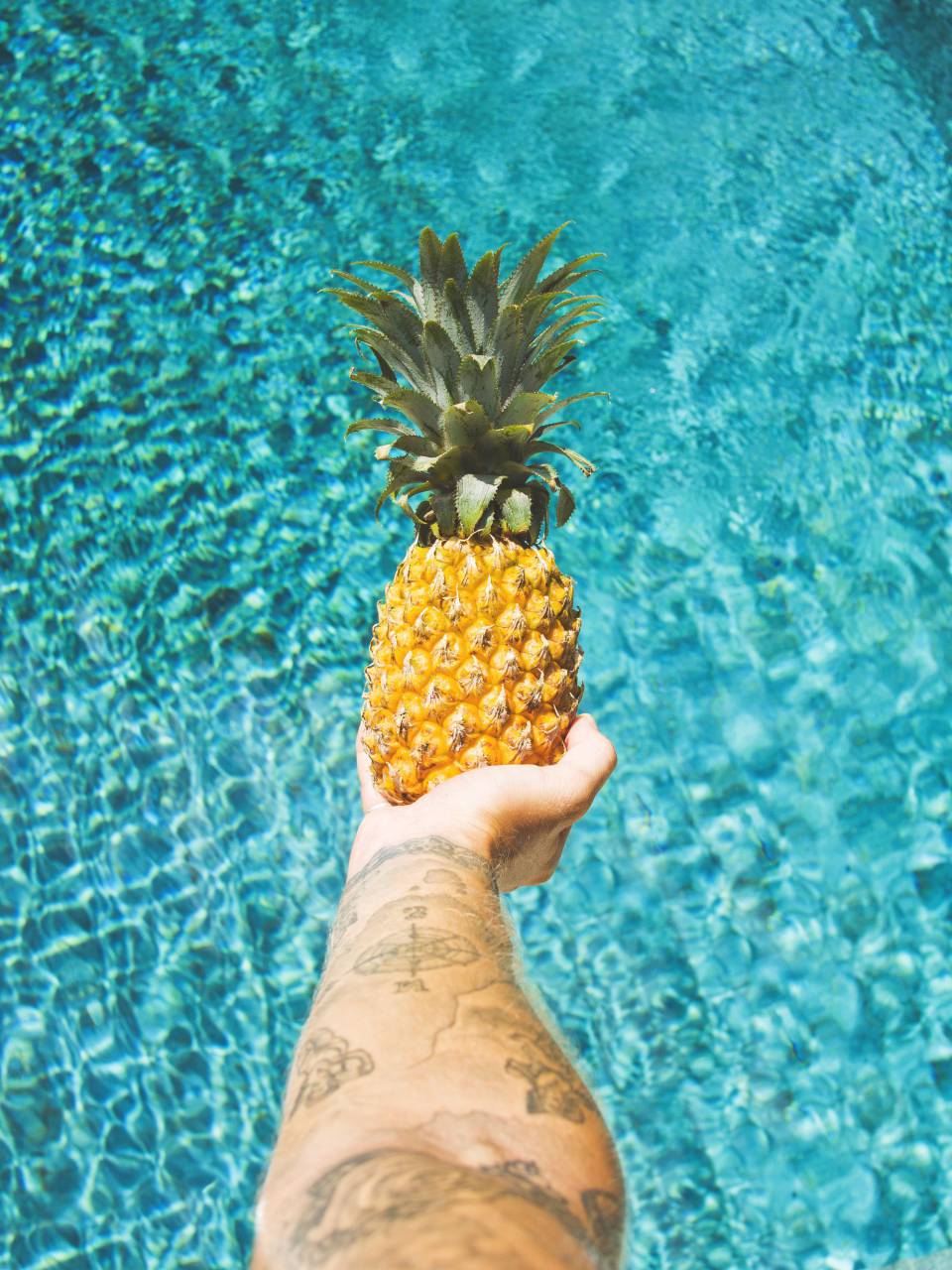 water, liquid, pool, swimming, vacation, rest, hands, tattoo, art, fruit, pineapple, outdoor
, 