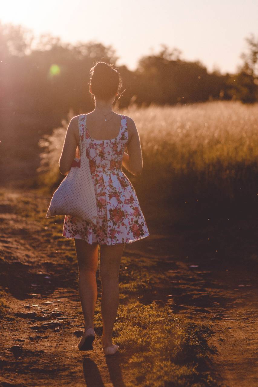 woman, girl, lady, people, back, walk, path, style, fashion, nature, outdoors, plants, bushes, trees, sky, solar, flare, light, leaks
, 
