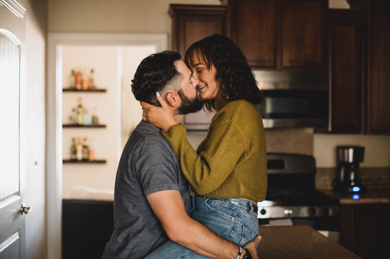 couple, kissing, kitchen, 