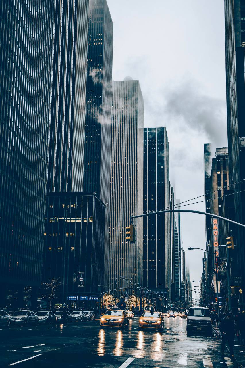architecture, building, infrastructure, city, traffic, light, car, vehicle, road, trip, transportation, travel, urban, skyline, tower, wet, rainy, reflection, pedestrian
, 