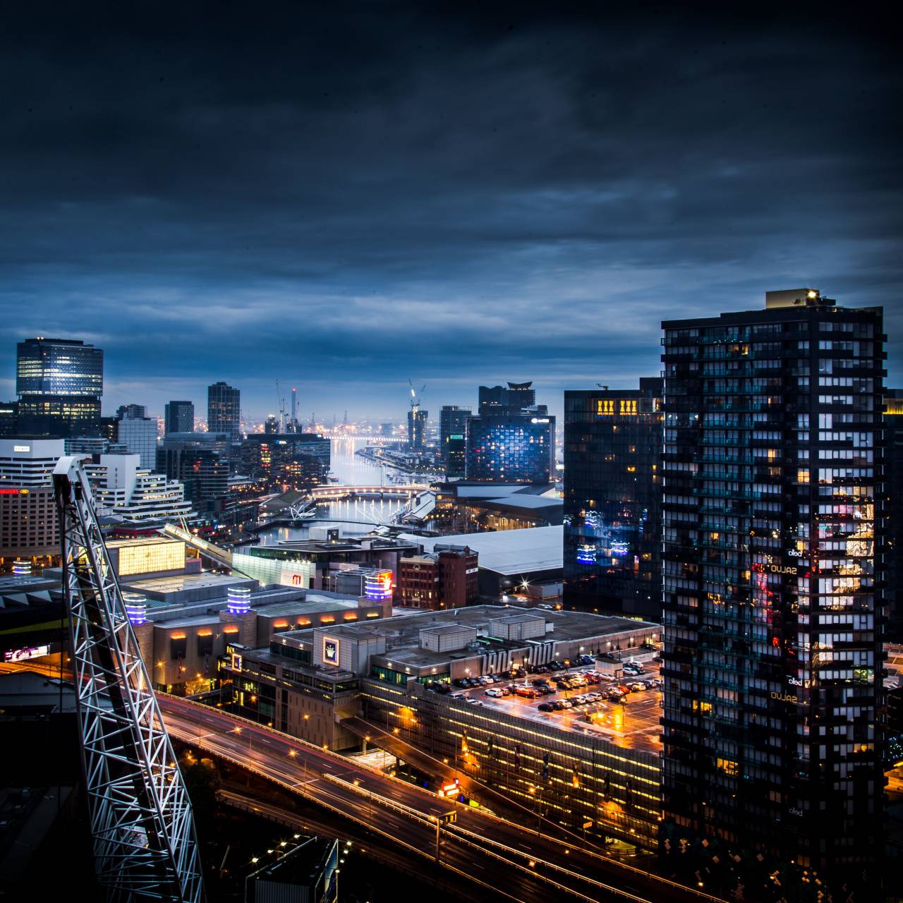 architecture, building, infrastructure, night, lights, city, urban, skyline, road, bridge, travel, transportation, car, vehicle, rooftop, crane, construction
, 