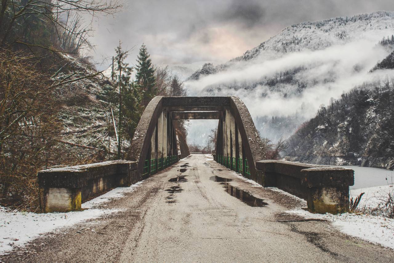 architecture, infrastructure, bridge, snow, winter, cold, weather, fog, clouds, sky, trees, nature, road, travel, adventure, mountain
, 