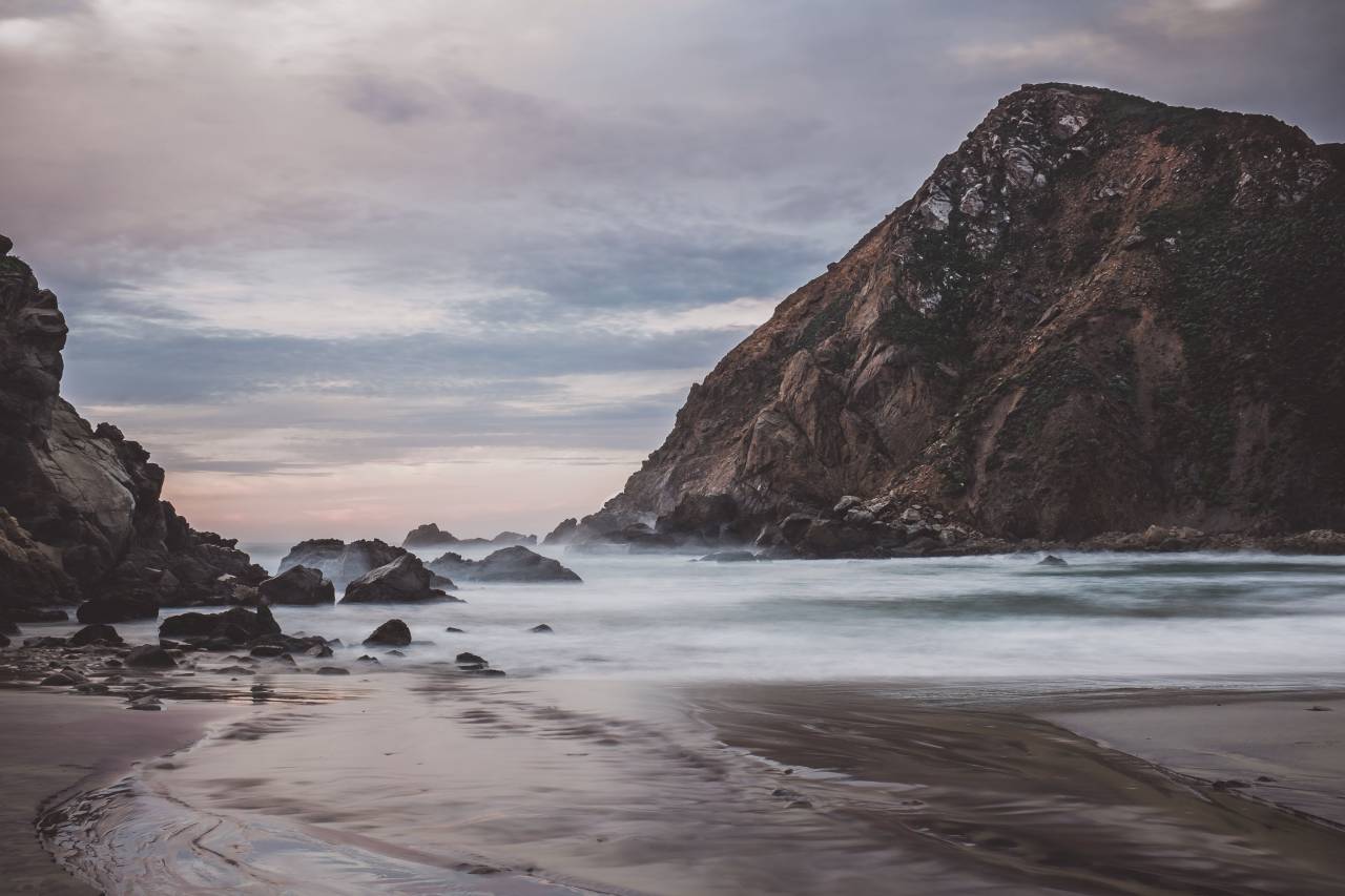 beach, sand, shore, ocean, sea, sky, clouds, landscape, nature, mountains, rocks, cliffs
, 