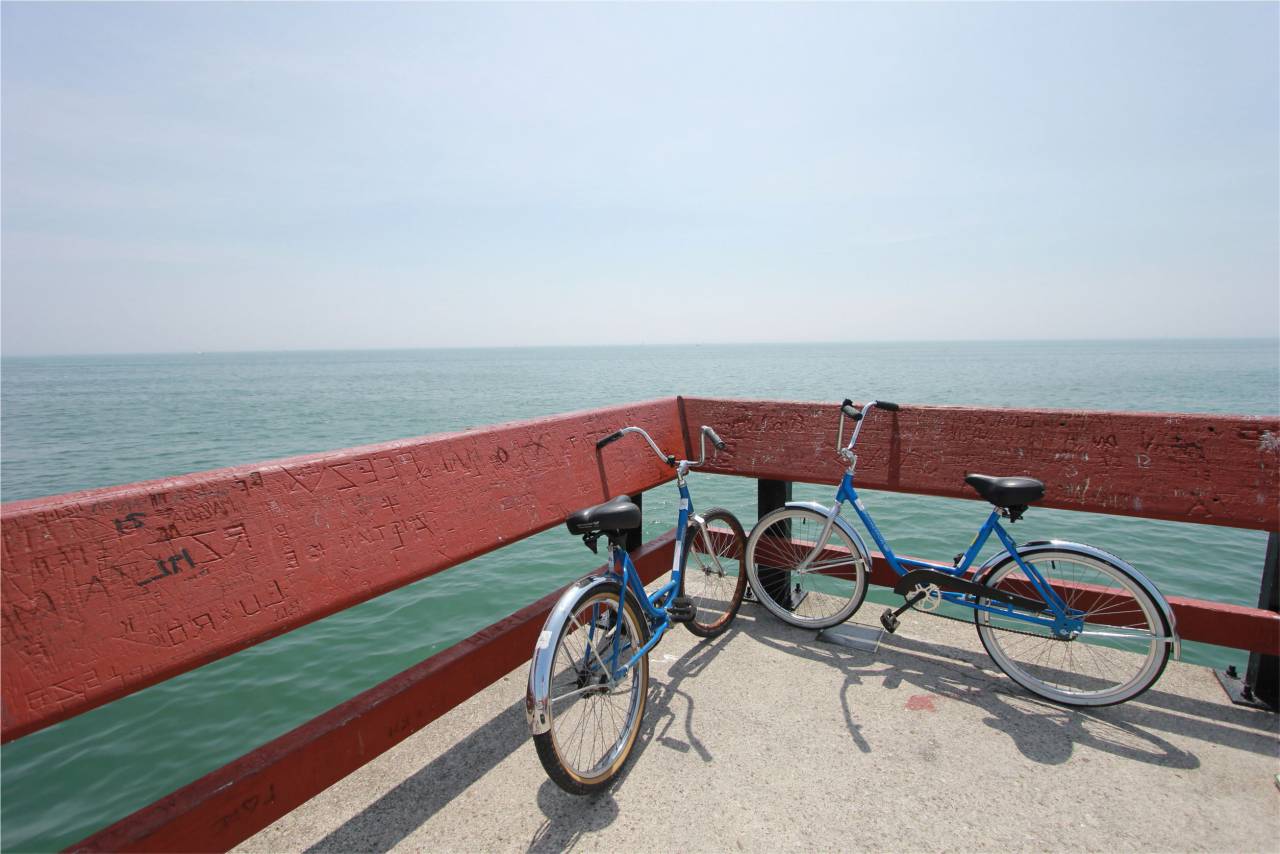 bicicletas, bicicletas, muelle, barandilla, océano, mar, agua, horizonte,
