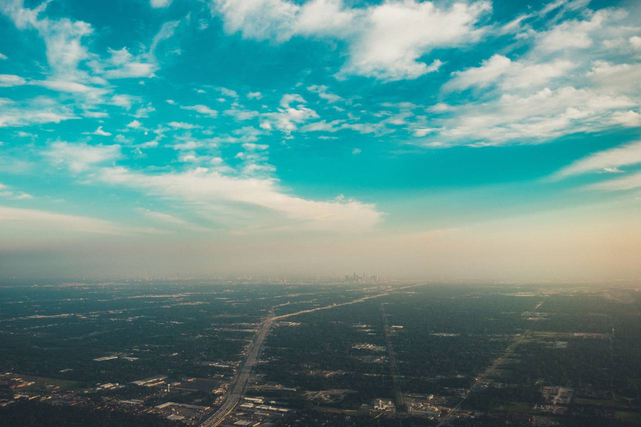 Azul, cielo, nubes, aéreo, vista, ciudad, pueblo, paisaje, horizonte,