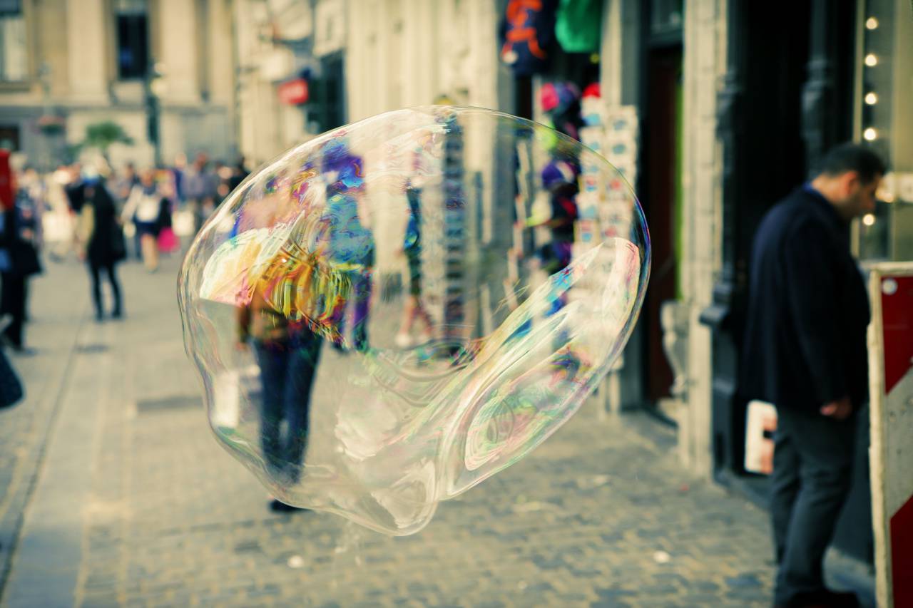 bubble, soap, street, sidewalk, cobblestone, people, pedestrians, crowd, stores, shops
, 