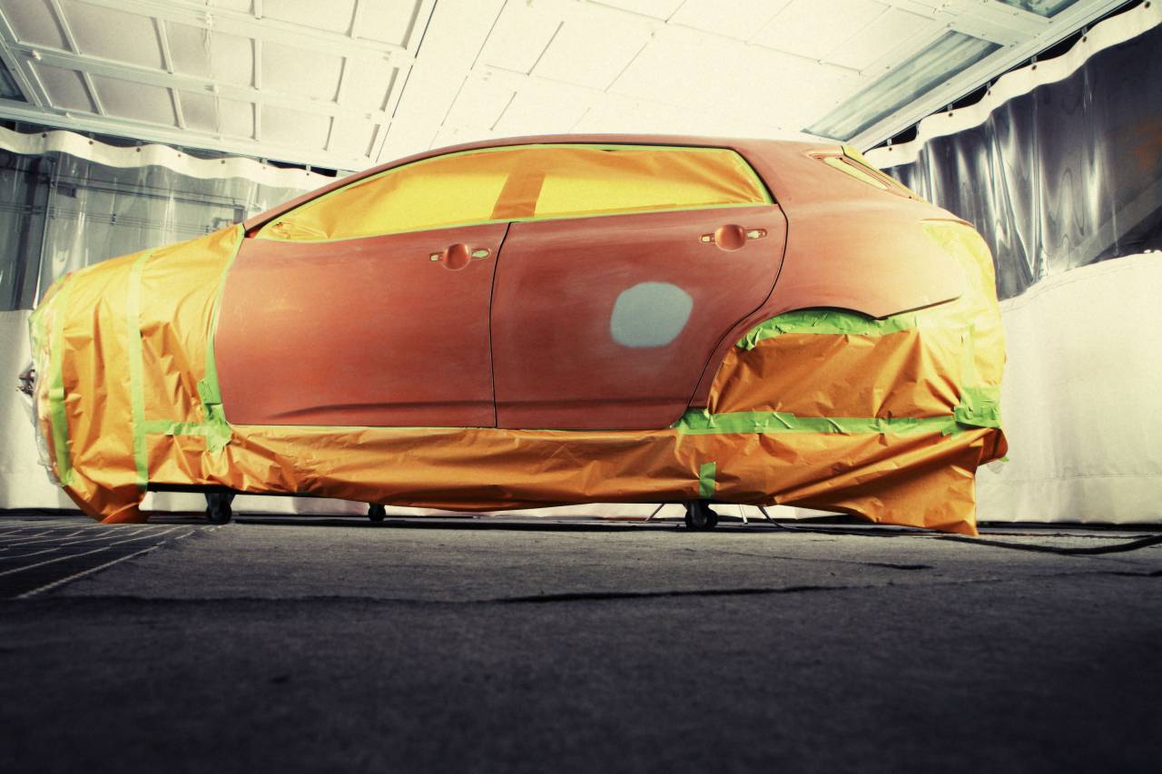 coche, trabajo de pintura, carrocería, automotor, reparación, cinta, rociar, garaje, tienda,