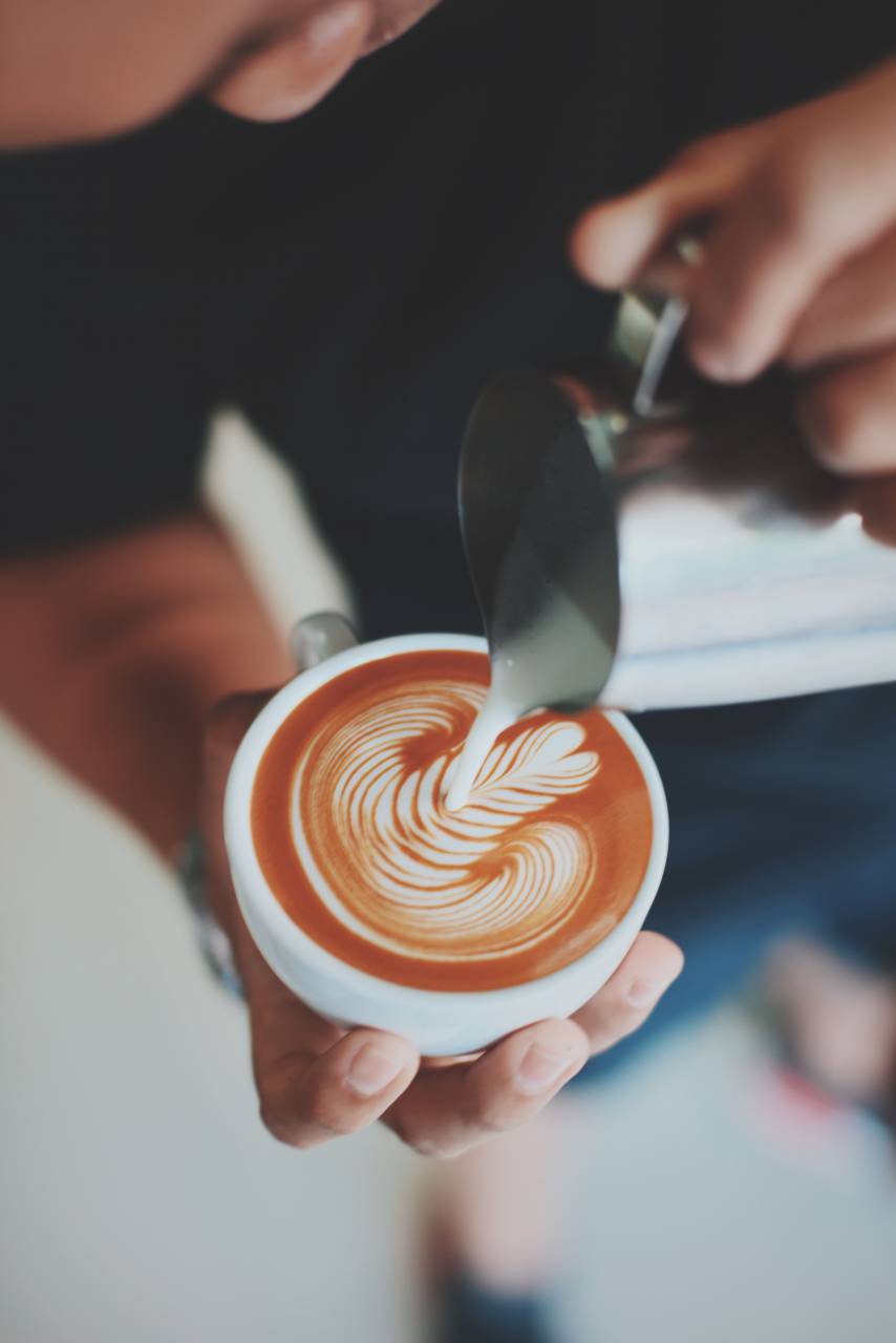 Café, café, madera, caliente, jarra, taza, diseño, arte, leche, gente, hombre, mano,