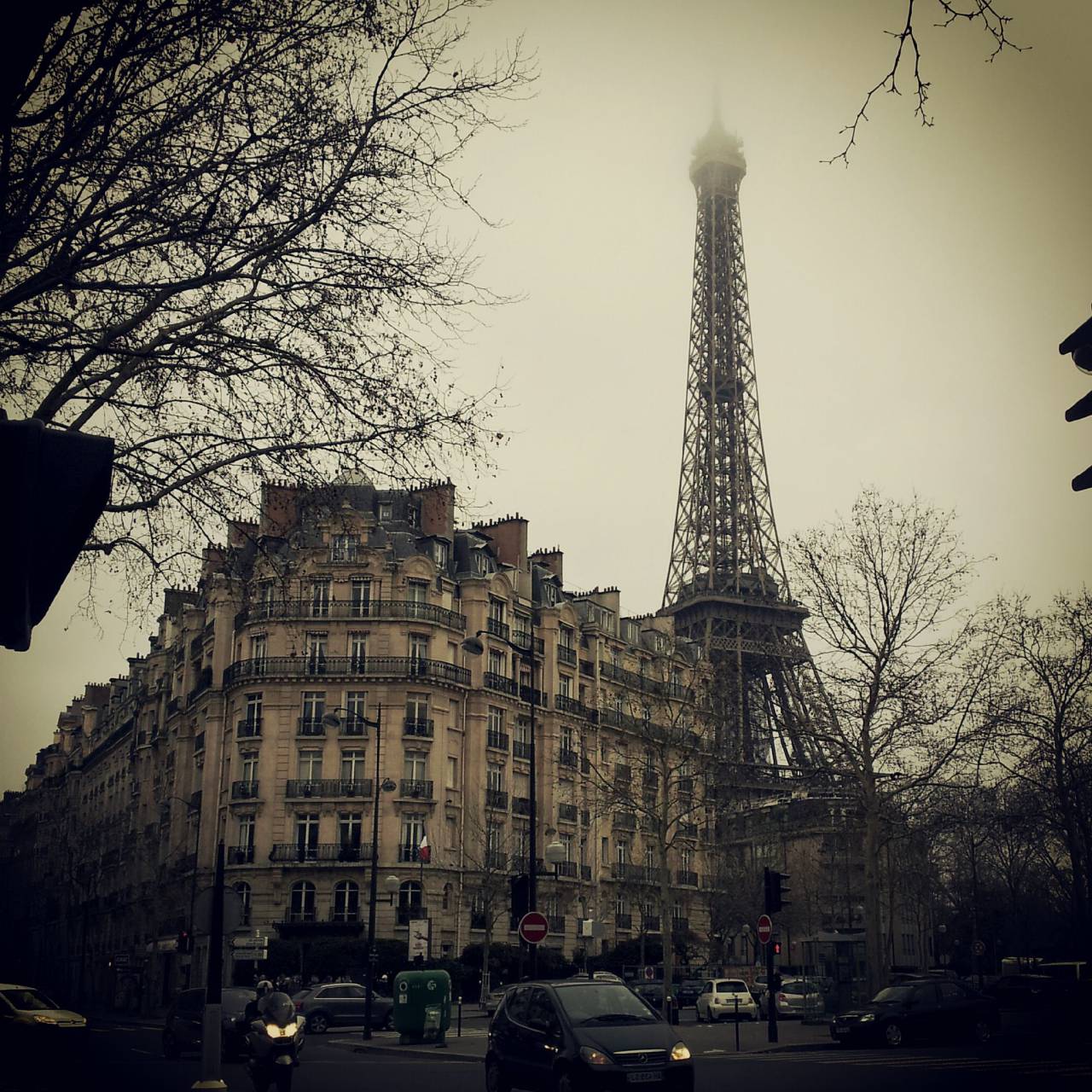 eiffel tower, buildings, paris, france, city, europe, cars, road, street, trees, motorbike, architecture
, 